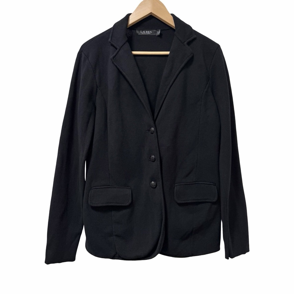 LRL Ralph Lauren Womens Knit Notched Blazer Size LP Black Academia Crest Buttons